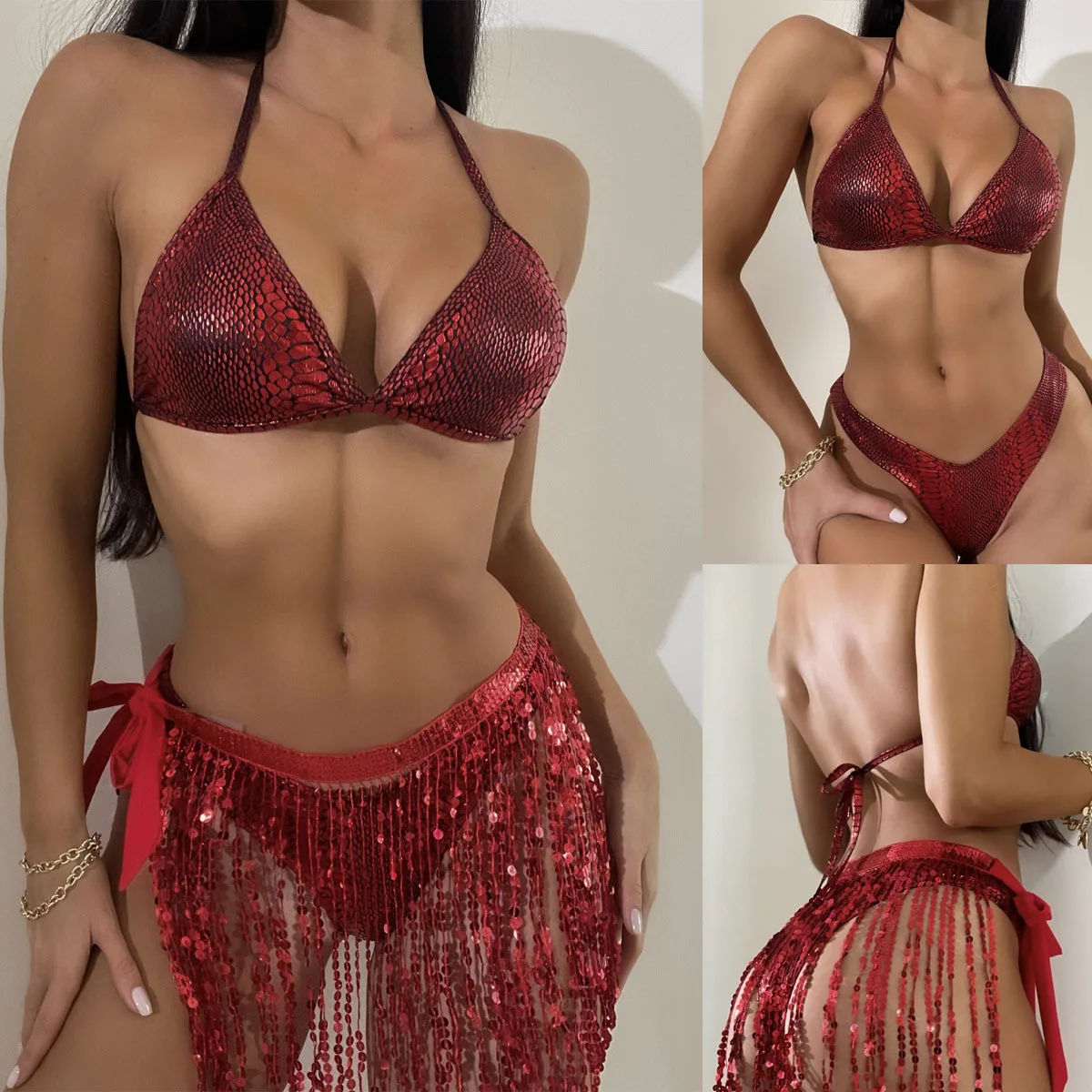 Women Bikini Set Split Swimsuit Tassel Sequin Swimsuit Hanging Neck V-neck Backless Bathing Suit Cover-up Bikini Red Skirt 3 Pcs
Women Bikini Set Split Swimsuit Tassel Sequin Swimsuit Hanging Neck V-neck Backless Bathing Suit Cover-up Bikini Red Skirt 3 Pcs