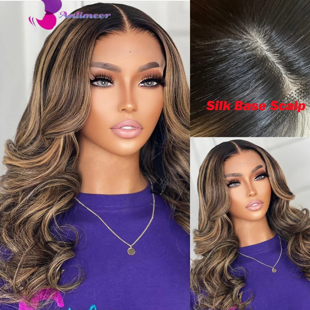 

Middle Side Part Lace Front Wigs Human Hair Silk Base Frontal Wig Fake Scalp Wig Piano Color Honey Blonde Highlight Wig