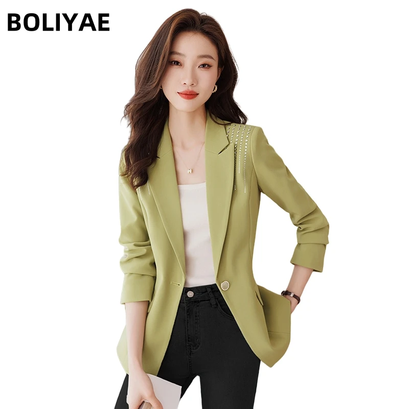 

Повседневные модные блейзеры Boliyae на одной пуговице, Женская куртка с длинным рукавом, пальто, женская офисная верхняя одежда, элегантный топ черного и зеленого цвета