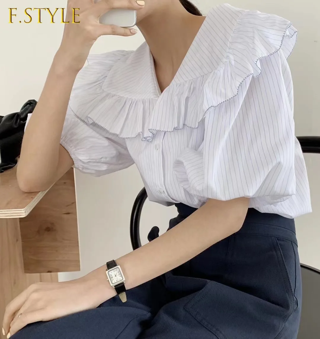 F GIRLS Simple Navy Collar Shirt Women Summer Stitched Ruffle Loose Top 2022 Chic Versatile Single Breasted Puff Sleeve Shirts
F GIRLS Simple Navy Collar Shirt Women Summer Stitched Ruffle Loose Top 2022 Chic Versatile Single Breasted Puff Sleeve Shirts