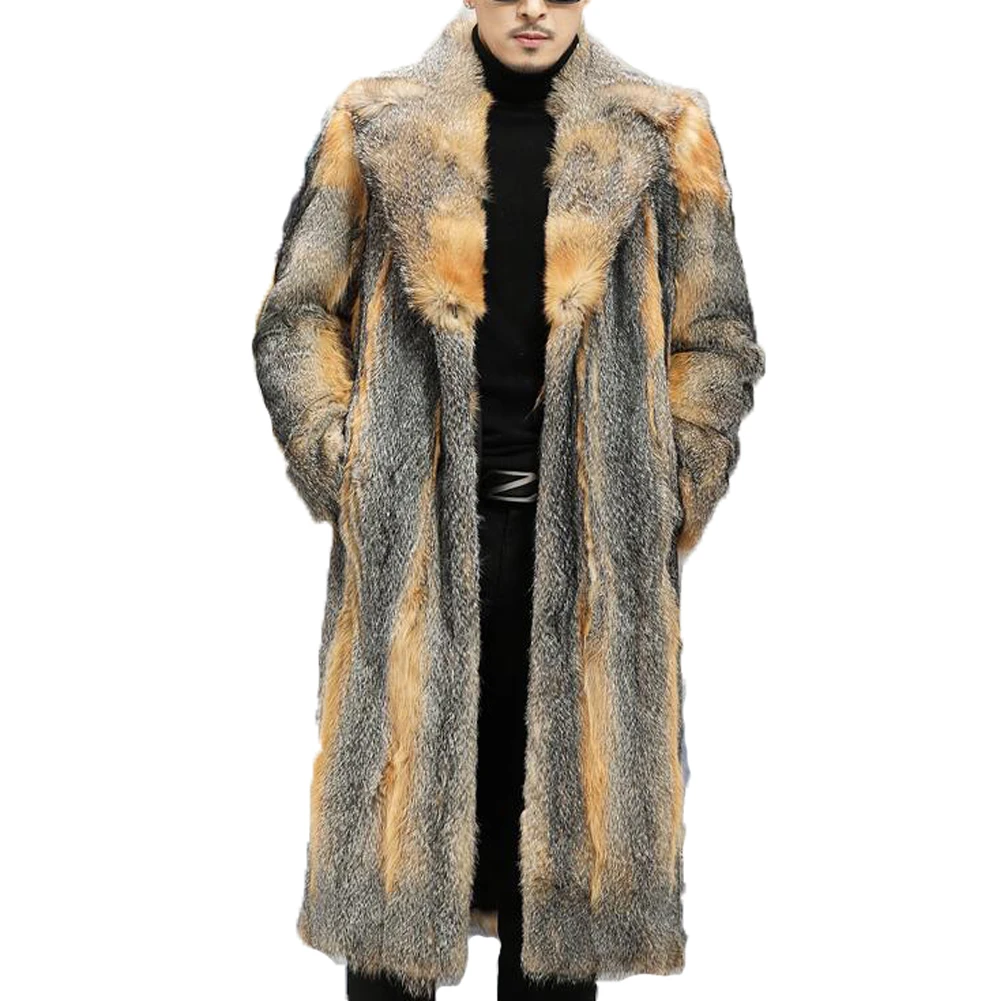 

Denny&Dora Men's Luxury Fox Fur Coat Grey Color Lapel Design Winter Men Overcoat Long Style