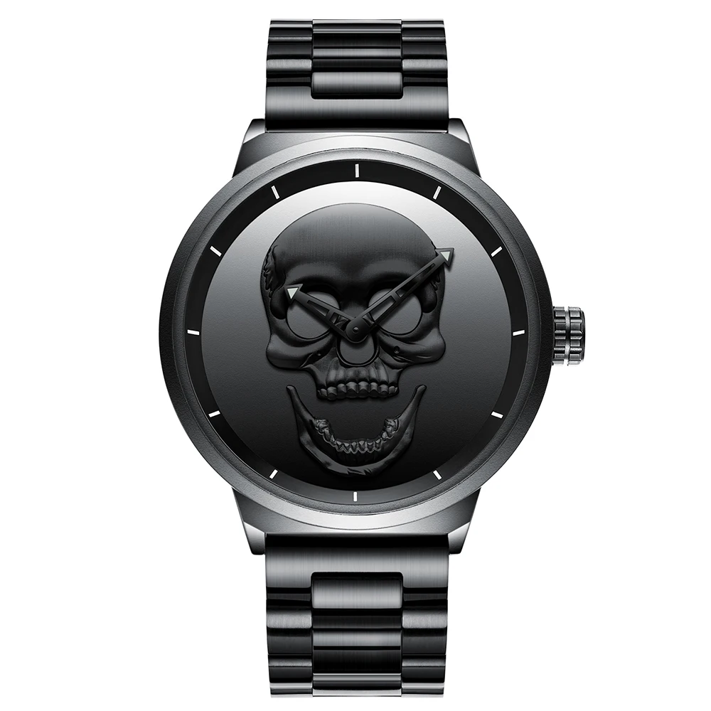 Men's Watch Black Steel Strap Creative 3D Skull Design Black/Gold Dial Watches for Men No Second Hand Male Wristwatch Clock Gift
Men's Watch Black Steel Strap Creative 3D Skull Design Black/Gold Dial Watches for Men No Second Hand Male Wristwatch Clock Gift