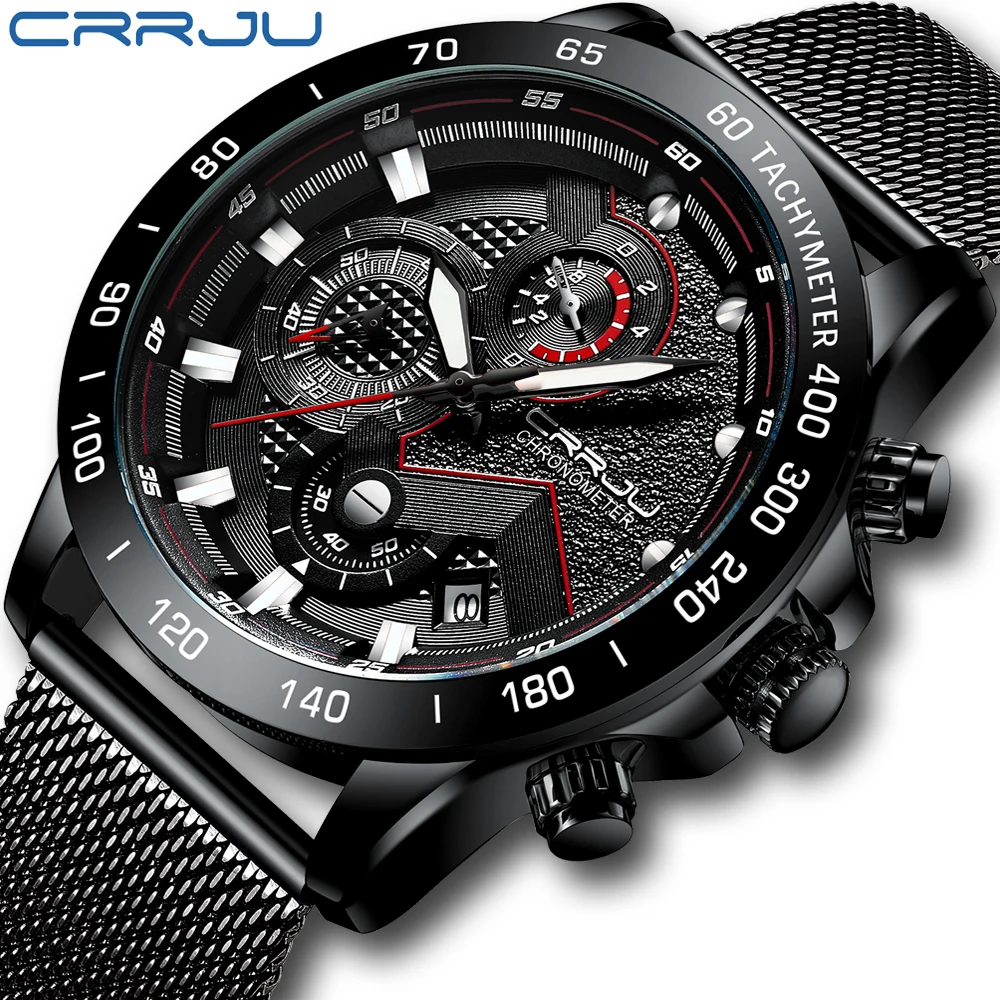 

CRRJU 2022 New Men's Sports Watch Fashion Multifunctional Six Needle Mesh Belt Business Plexiglass Mirror High Quality Watch