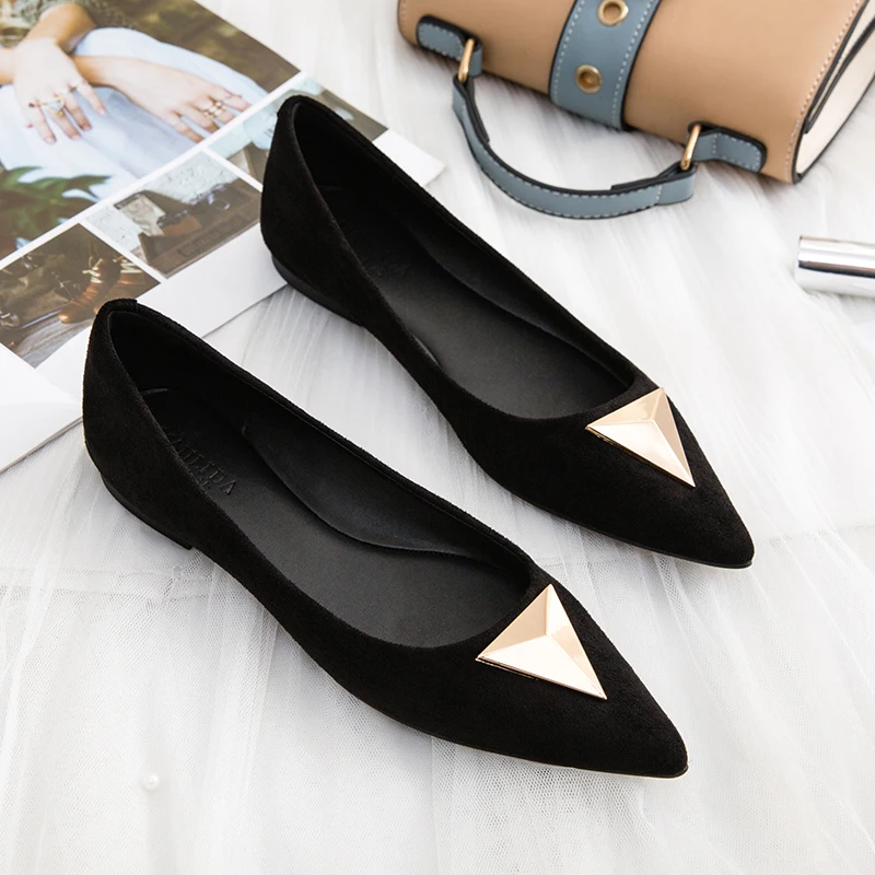 

Women Flats 2022 Autumn New Solid Color Stylish Lady Flat Heel Shoes Pointed Toe Black 31-46 Female Slipons Flock