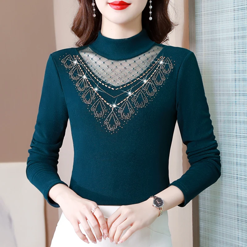 M-4XL Autumn 2023 Women Clothing Patchwork Mesh T Shirt New Long sleeve Bottoming Shirt Half High Collar Diamond Tops
M-4XL Autumn 2023 Women Clothing Patchwork Mesh T Shirt New Long sleeve Bottoming Shirt Half High Collar Diamond Tops