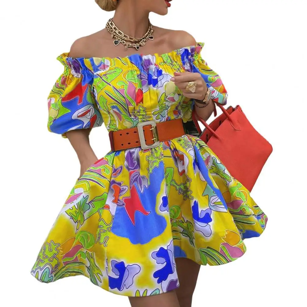 2022 Spring Women Pattern Print Party Dress Elastic Collar Puff Sleeve Belt Mini Dress Off Shoulder Summer Dress Female Clothes
2022 Spring Women Pattern Print Party Dress Elastic Collar Puff Sleeve Belt Mini Dress Off Shoulder Summer Dress Female Clothes