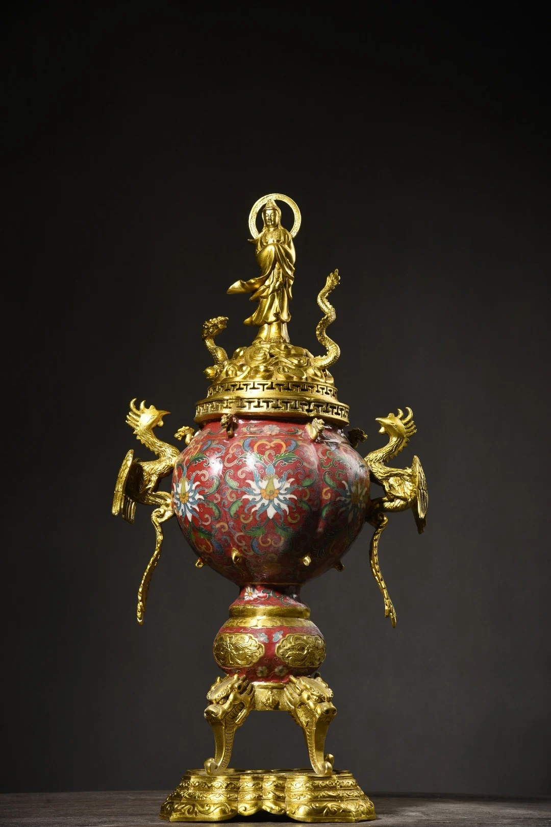 24"Tibet Temple Collection Old Bronze Cloisonne Enamel Floral texture Guanyin Sit Dragon Phoenix Ear Three legged incense burner
24"Tibet Temple Collection Old Bronze Cloisonne Enamel Floral texture Guanyin Sit Dragon Phoenix Ear Three legged incense burner