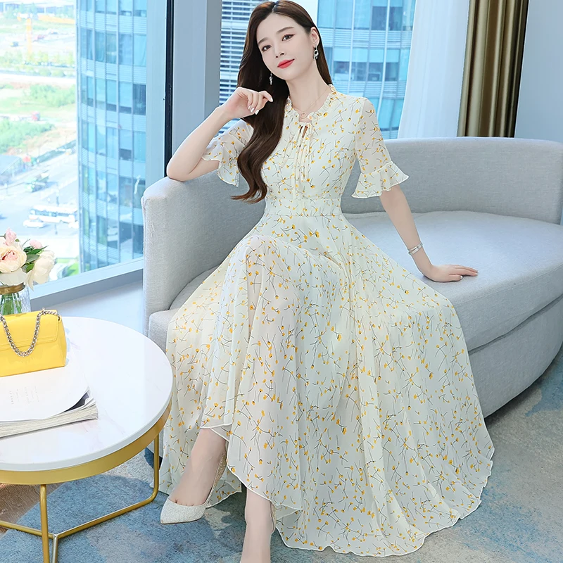 2022 Summer Chiffon Boho Beach Long Dress Women Apricot Flower Print Short Sleeve Loose Maxi Dress Elegant Bodycon Party Vestido 
2022 Summer Chiffon Boho Beach Long Dress Women Apricot Flower Print Short Sleeve Loose Maxi Dress Elegant Bodycon Party Vestido