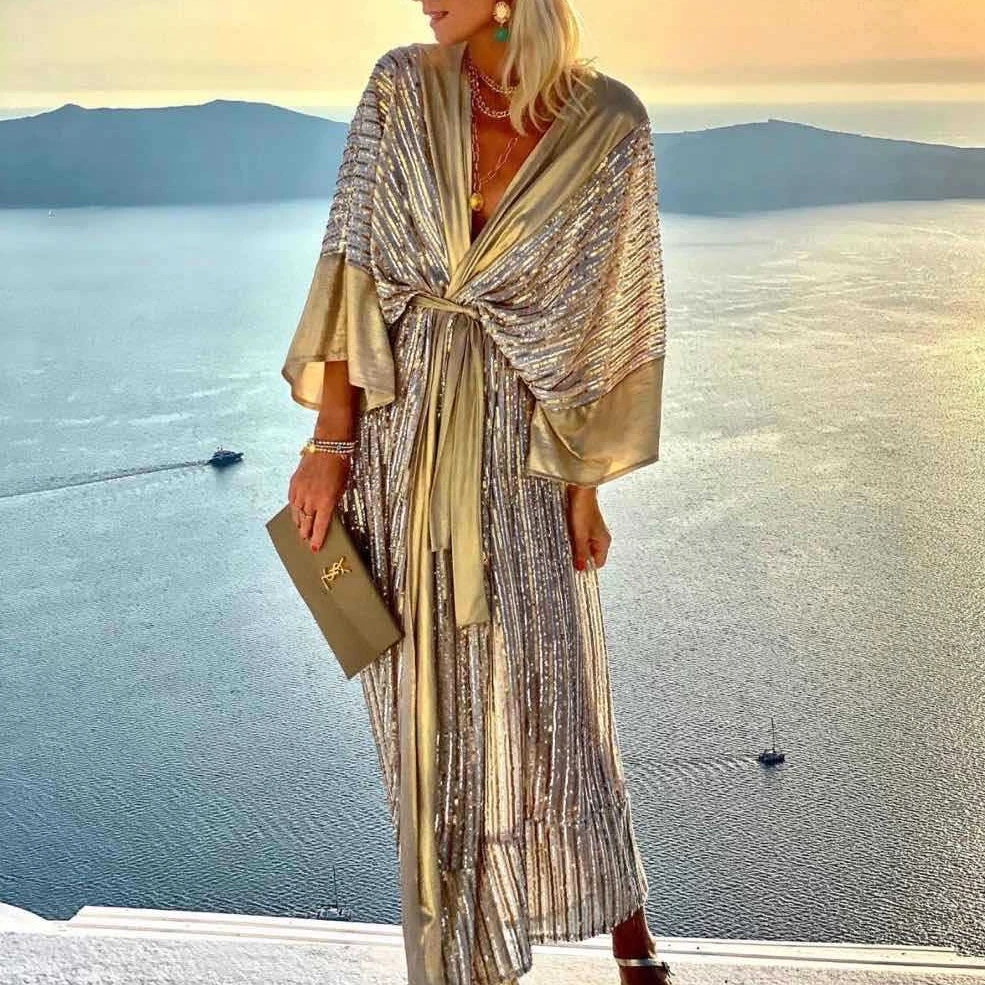 HuaYangSummer Cardigan Bat Sleeve Long Sleeve Dress Sexy V-neck Long Dress Women Spring Holiday Party Dresses 
HuaYangSummer Cardigan Bat Sleeve Long Sleeve Dress Sexy V-neck Long Dress Women Spring Holiday Party Dresses