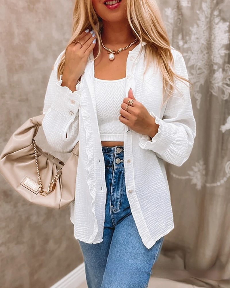 Women Long Sleeve Frill Hem Button Down Shirt Summer Solid Color Turn Down Neck Ruffles White Loose Casual Shirts Blouse
Women Long Sleeve Frill Hem Button Down Shirt Summer Solid Color Turn Down Neck Ruffles White Loose Casual Shirts Blouse