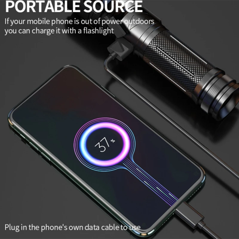 

Super Bright Flashlight Retractable Flashlight Power Bank USB-C Rechargeable LED Strong Light Multitool Tacical Torch