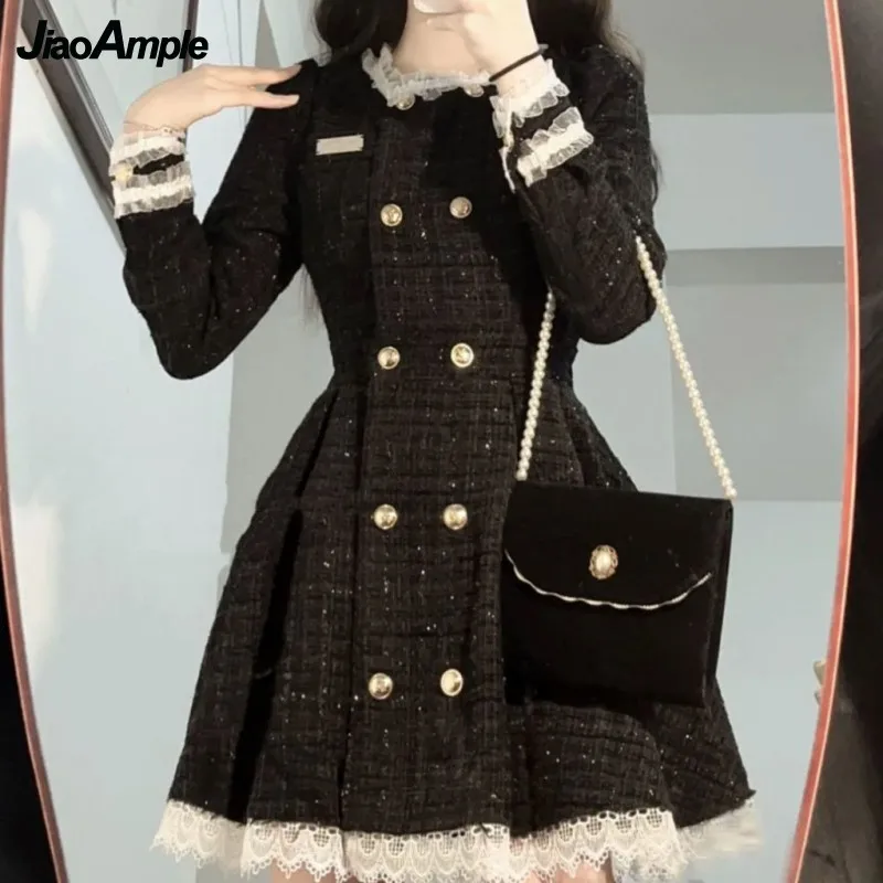 

Lolita Style Women's Tweed Lace Mini Dress Japan Korean Lady Double Button Black Mini Dresses 2022 New Preppy Style Clothing