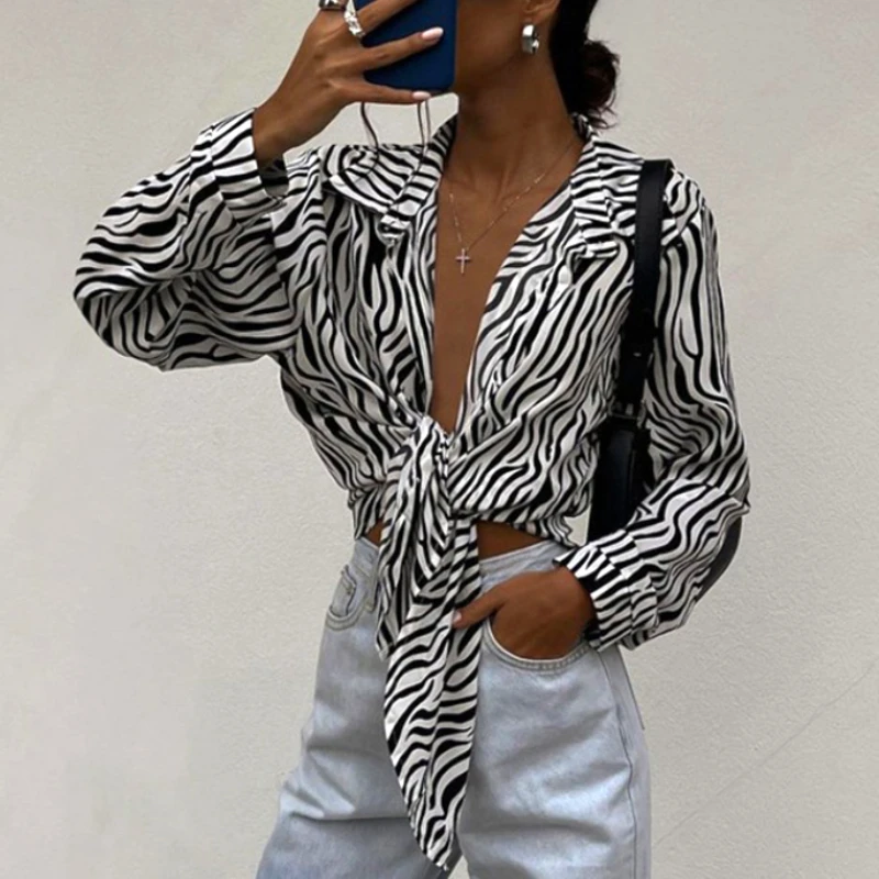 

Женская уличная одежда, топы с длинным рукавом, модная дизайнерская Повседневная рубашка с принтом зебры, женская Свободная блузка в черно-белую полоску, новинка 28161