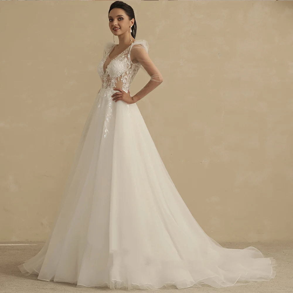 Vintage Bride Gowns V-Neck Zipper Backless Full Sleeves Wedding Dresses Tulle Sweep Train A-Line Lace Applique Vestido De Noiva
Vintage Bride Gowns V-Neck Zipper Backless Full Sleeves Wedding Dresses Tulle Sweep Train A-Line Lace Applique Vestido De Noiva