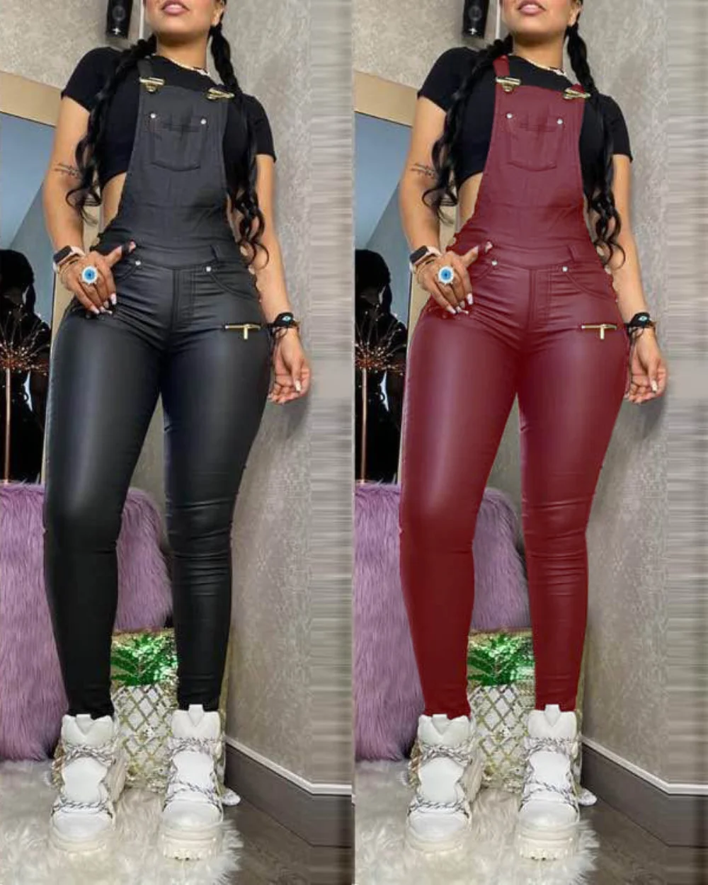Sexy Suspenders Slim Jumpsuit Women Pu Buckled Zipper Design Suspender Jumpsuit Club Outfits for Female Tight One-piece Trousers
Sexy Suspenders Slim Jumpsuit Women Pu Buckled Zipper Design Suspender Jumpsuit Club Outfits for Female Tight One-piece Trousers