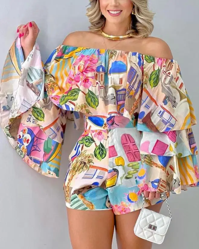 

Женский повседневный костюм из двух предметов, укороченный топ с графическим принтом, открытыми плечами и рукавами-колокольчиками и шорты, весна-лето 2023