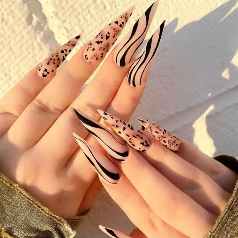 

Длинные Типсы для ногтей, набор матовых леопардовых ногтей, нажимные французские заостренные тонкие накладные ногти с дизайном «сделай сам», носимый маникюр