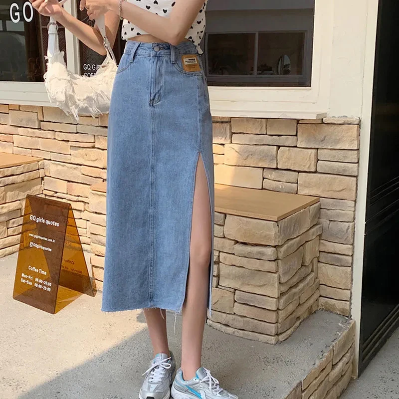 

Raw Denim Jean Bag Skirt Edge Fashion S-5xl Denim Woman Midi A-line Side Slit Slim Loose Sexy Skirt Skirt Hip High Classic Waist