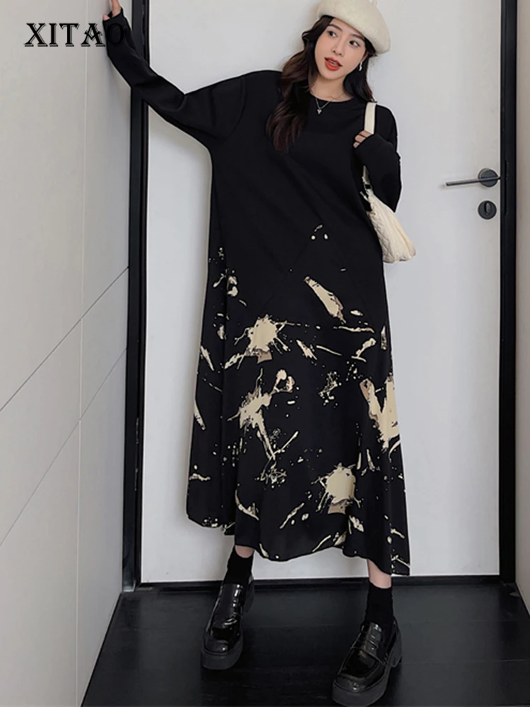 

XITAO свободное платье с круглым вырезом и длинными рукавами, Повседневное платье в стиле пэчворк с модным принтом, осень 2023, женское новое простое универсальное платье, DMJ2371