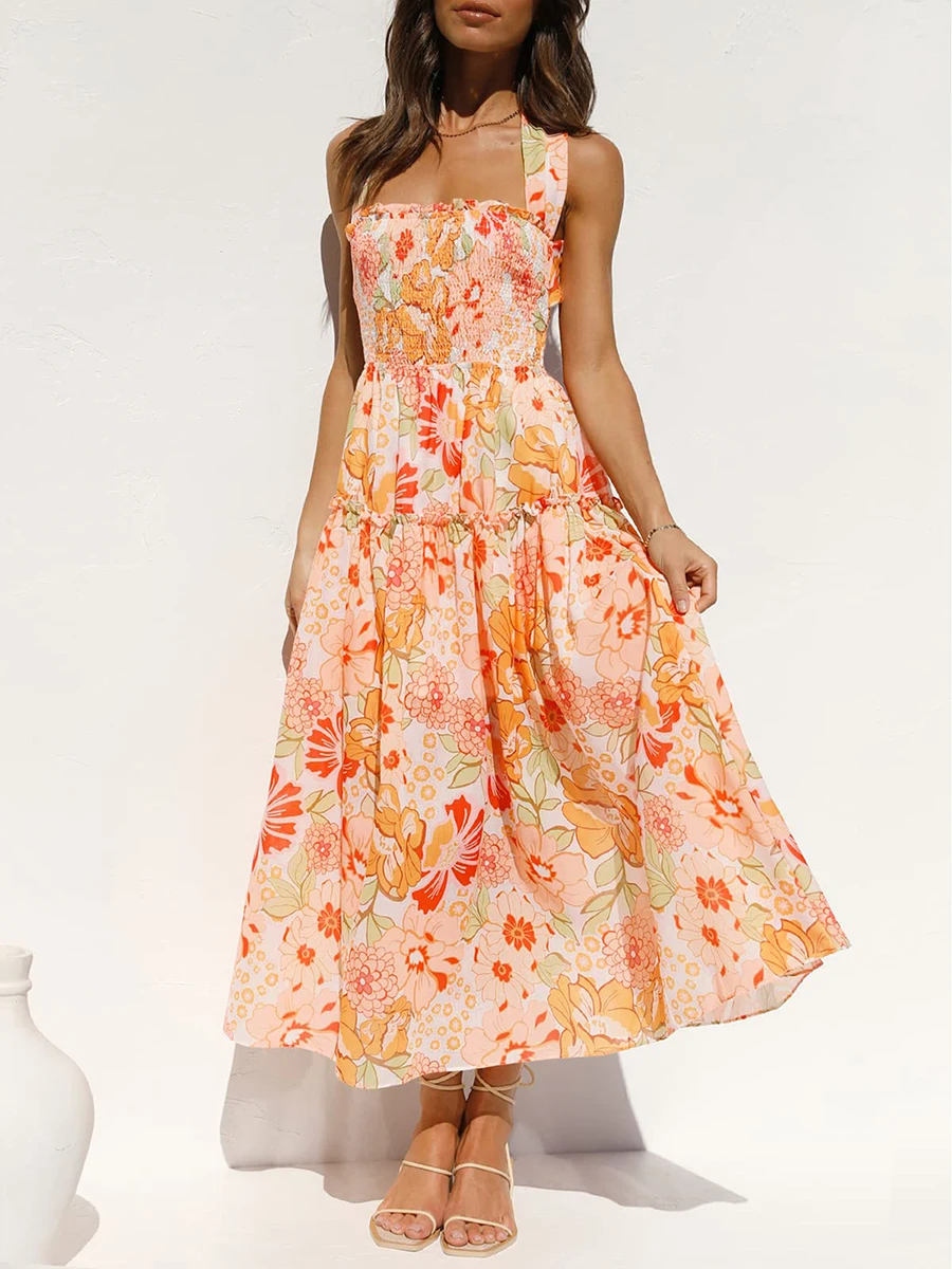 Women's Sleeveless Backless Long Dress Solid Color/Print Ruched Bust Square Neckline Back Bandage Chiffon Dress
Women's Sleeveless Backless Long Dress Solid Color/Print Ruched Bust Square Neckline Back Bandage Chiffon Dress