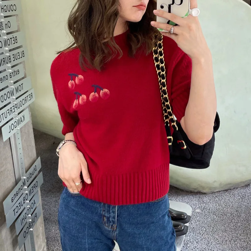 2022 Summer Women Short Sleeve Knitted Top Cherry O-Neck Wool Pullover Korean Design High Quality
2022 Summer Women Short Sleeve Knitted Top Cherry O-Neck Wool Pullover Korean Design High Quality