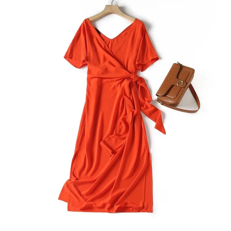 

Женское платье с запахом YENKYE, элегантное оранжево-красное платье с V-образным вырезом и коротким рукавом, летние вечерние платья средней длины