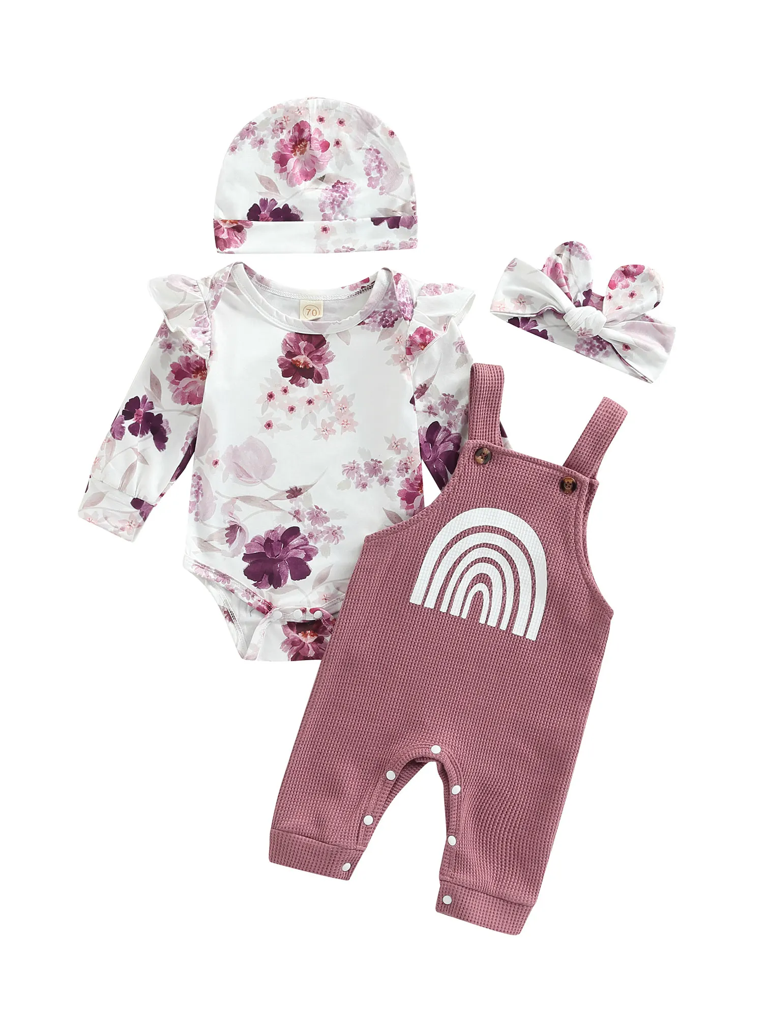 Infant Baby Girls Outfits Floral Print Long Sleeve Romper Rainbow Print Waffle Overalls Hat Headband Set
Infant Baby Girls Outfits Floral Print Long Sleeve Romper Rainbow Print Waffle Overalls Hat Headband Set