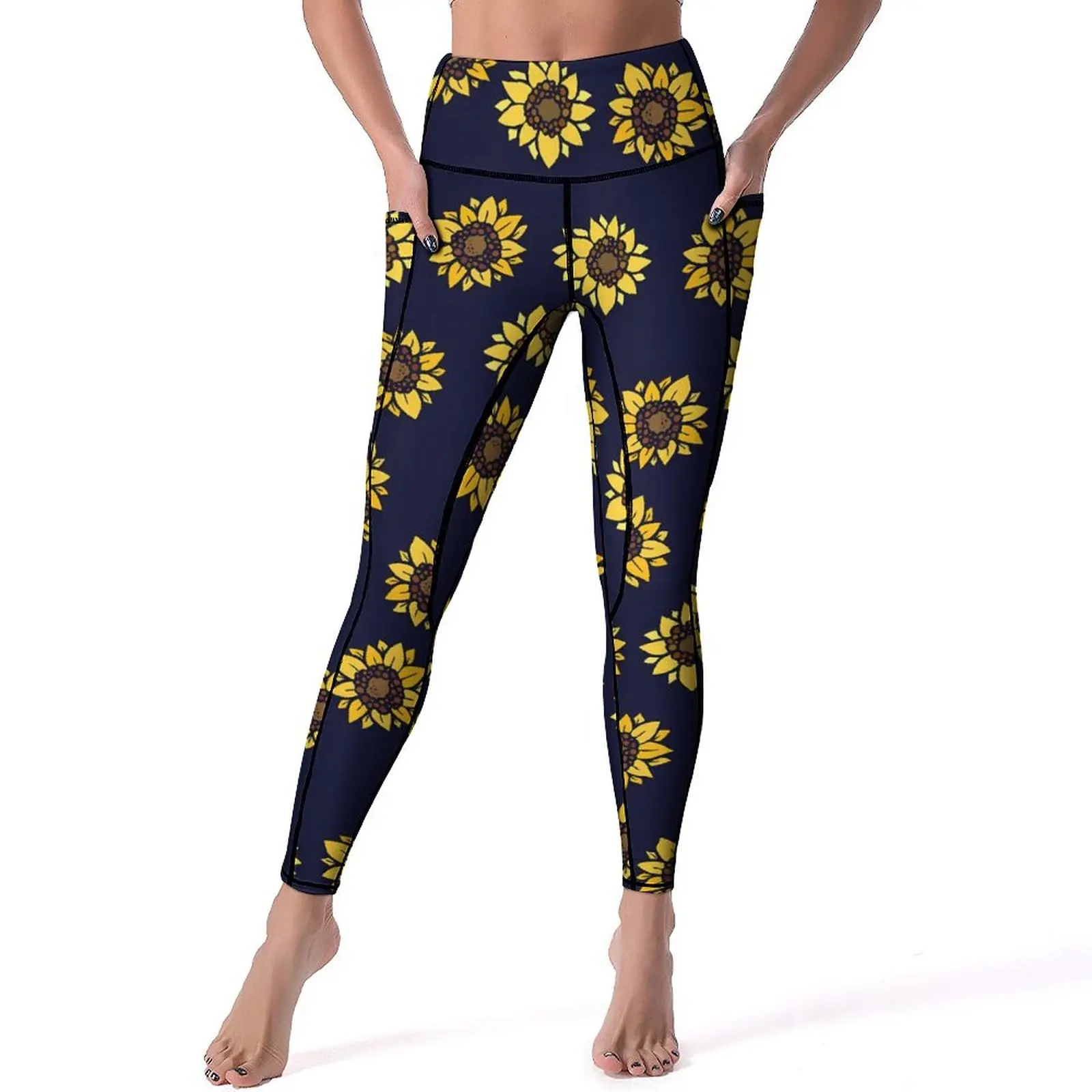 

Sunflower Print Yoga Pants Pockets Summer Sunshine Leggings Sexy Push Up Yoga Sports Tights Stretch Design Workout Gym Leggins