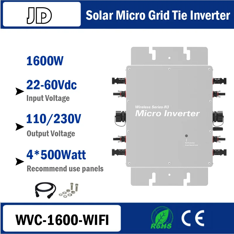 Солнечный микро-сетчатый инвертор 1600 Вт WVC Series DC22-60V 120V230VAC 50 Гц/60 Гц Частота IP65 водонепроницаемая система Life Version Auto
Солнечный микро-сетчатый инвертор 1600 Вт WVC Series DC22-60V 120V230VAC 50 Гц/60 Гц Частота IP65 водонепроницаемая система Life Version Auto