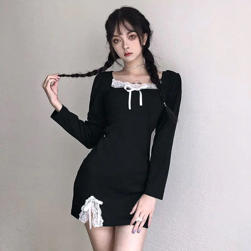 French Style Black Dress Lace Patchwork Square Collar Women's Dress Spring Autumn Long Sleeve Party Dresses Sexy Wrap Hip Robes 
French Style Black Dress Lace Patchwork Square Collar Women's Dress Spring Autumn Long Sleeve Party Dresses Sexy Wrap Hip Robes