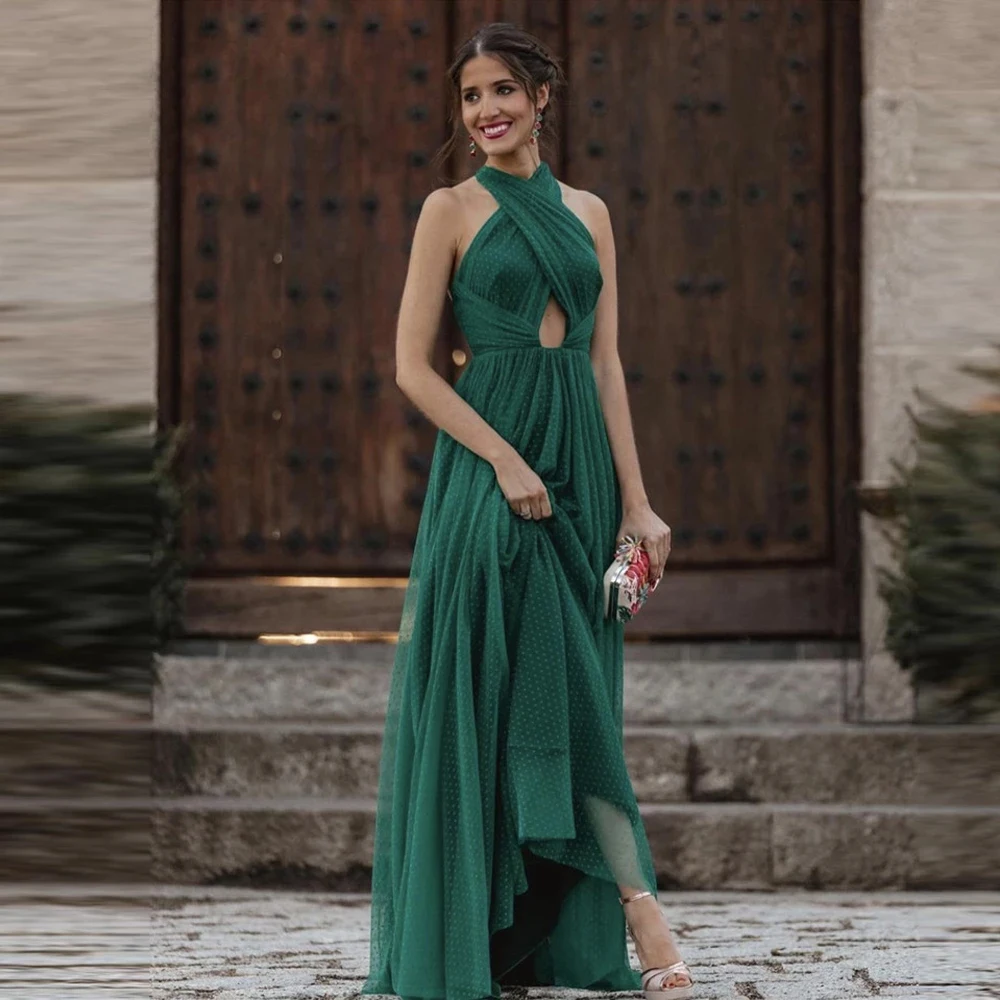 Vintage Dark Green Evening Dress A Line Tulle Halter Formal Prom Gowns Cross Back Floor Length Dotted Women Events Party Dresses
Vintage Dark Green Evening Dress A Line Tulle Halter Formal Prom Gowns Cross Back Floor Length Dotted Women Events Party Dresses
