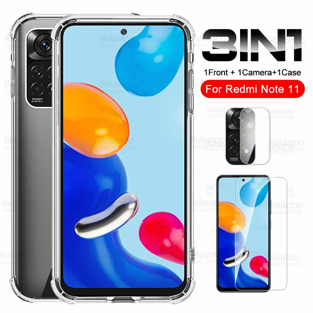 Чехол 3 в 1 из закаленного стекла для камеры Redm Note 11 прозрачный силиконовый мягкий