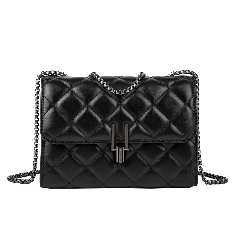 

Solid Black Quilted Leather Metal Chain Strap Lady Shoulder Bag Women Lovely Small Flap Messenger Pochette Designer Handbag