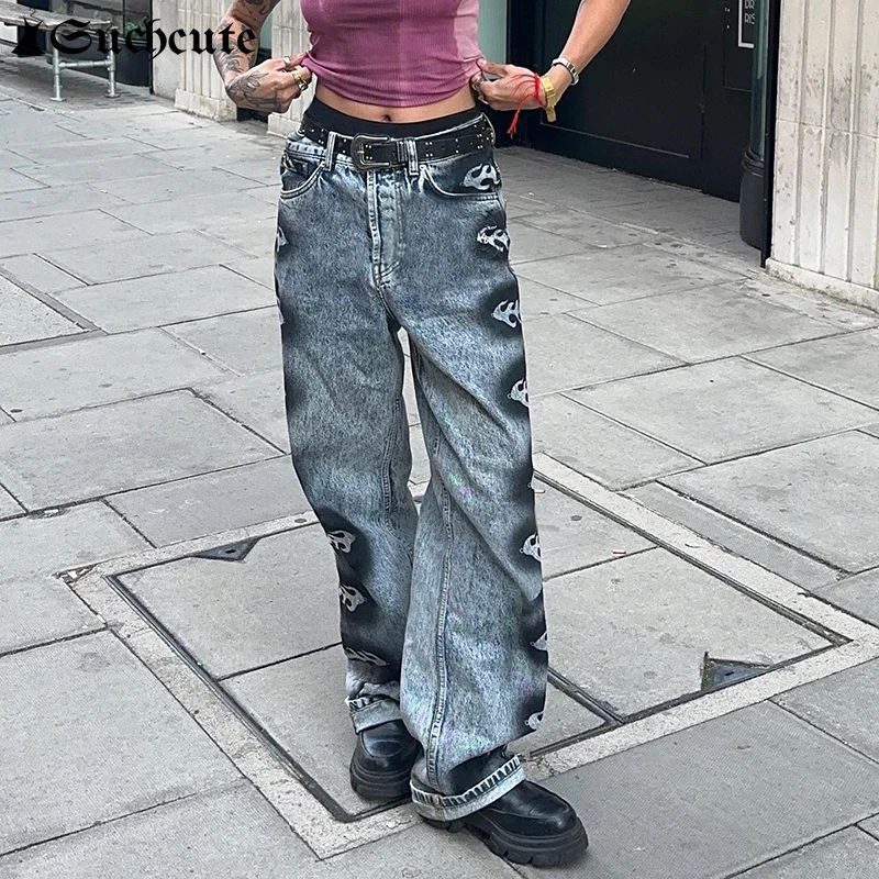 

Уличная одежда Y2K, милые мешковатые джинсы с низкой посадкой и карманами, с принтом в виде пламени, в стиле хиппи, готические прямые широкие брюки, джинсовые брюки в стиле эмо, в стиле Харадзюку, Новинка