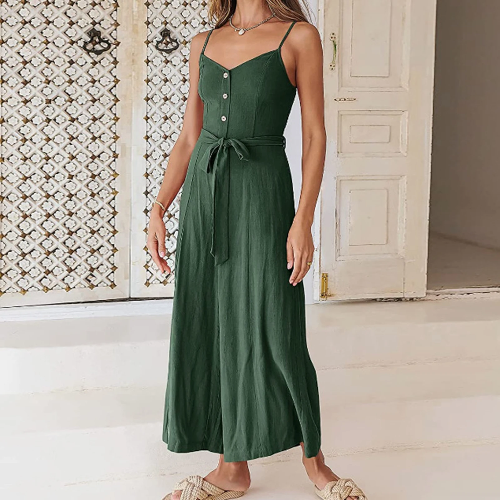 2023 Summer Womens Casual Jumpsuit Solid Backless Sleeveless Button Playsuits Wide Legs Loose With Belt Fashion Beach Rompers
2023 Summer Womens Casual Jumpsuit Solid Backless Sleeveless Button Playsuits Wide Legs Loose With Belt Fashion Beach Rompers