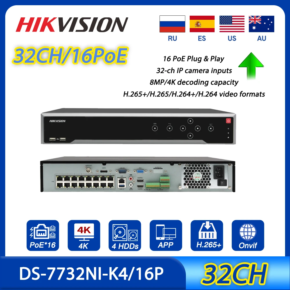 Hikvision 32CH 16 PoE 4K NVR DS-7732NI-K4/16P 8MP Two Way Audio 4 SATA Security Camera System H.265+ Hik-Connect Video Recorder
Hikvision 32CH 16 PoE 4K NVR DS-7732NI-K4/16P 8MP Two Way Audio 4 SATA Security Camera System H.265+ Hik-Connect Video Recorder