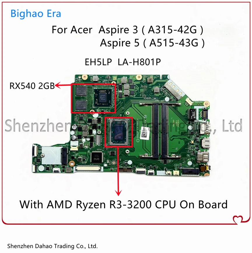 

EH5LP LA-H801P For Acer Aspire A315-42G A515-43 A515-43G Laptop Motherboard With AMD Ryzen R3/R5/R7 CPU RX540 2GB-GPU 100% Test