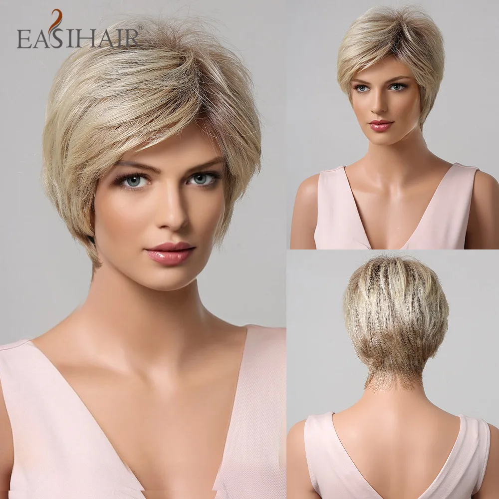 

EASIHAIR Short Blonde Golden Futura Wigs with Pixie Cut Bang Bob Straight Natural Fake Hairs for Women Daily Heat Resistant Wigs