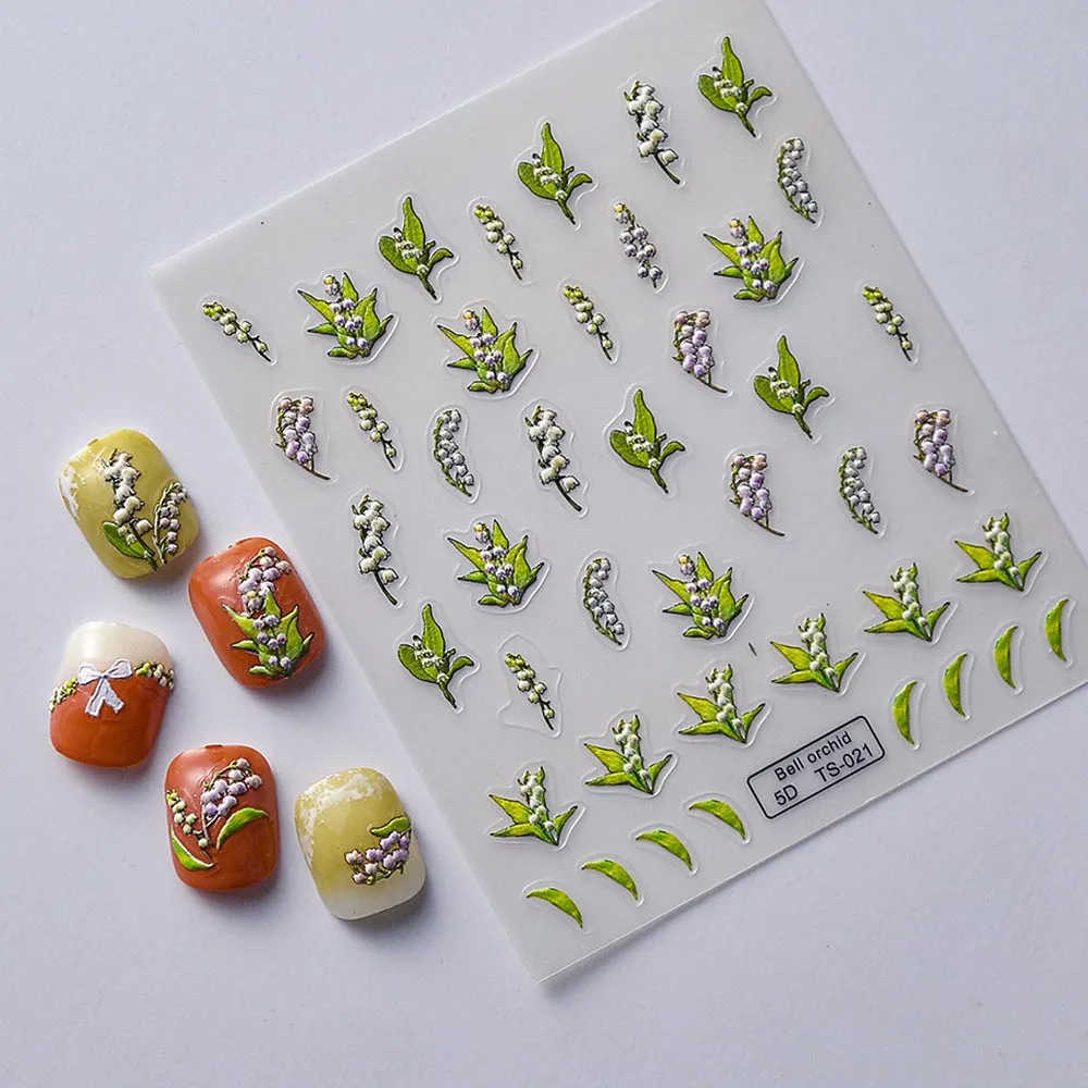 

5D Bluebell Tumbleweed Orchid Embossed Stickers Simple Floral Design Elegant Self-Adhesive Nail Art Accessories