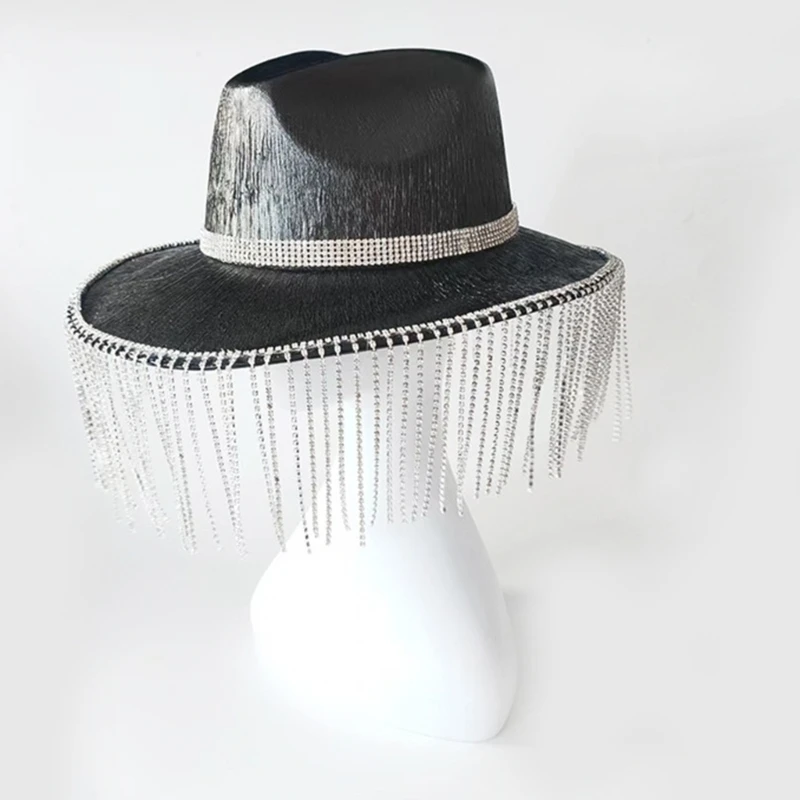 

Curved Brim Cowboy Hat with Tassels for Summer Banquet Party Cowgirls Hat for Adult Taking Photo