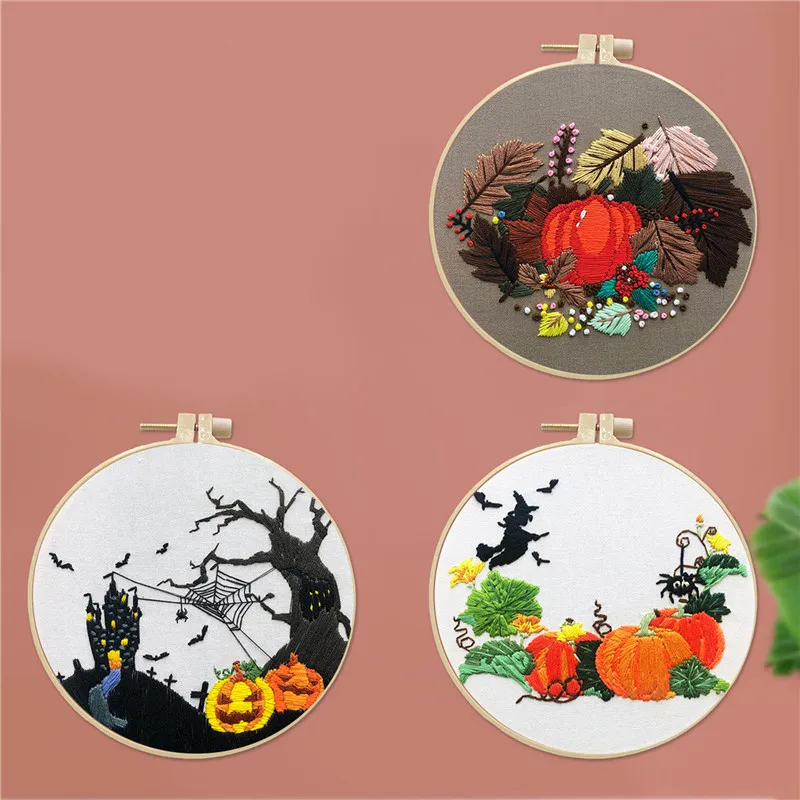 

20x20cm Halloween Pumpkin Skull European Embroidery Kit Simple Three-dimensional Embroidery Ribbon Kit Embroidery Needlework