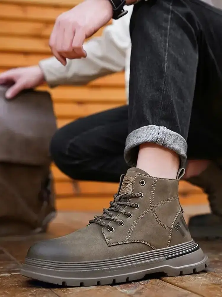 

Мужские кожаные ботинки на шнуровке, Черные Водонепроницаемые рабочие ботильоны с высоким берцем и плюшевой подкладкой, обувь для зимы, 2023