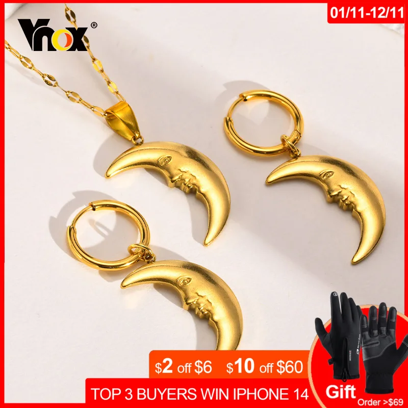 Vnox Moon Face Necklaces Earrings for Women, PVD Gold Color Stainless Steel Jewelry Set, Smile Girls Neck Collar
Vnox Moon Face Necklaces Earrings for Women, PVD Gold Color Stainless Steel Jewelry Set, Smile Girls Neck Collar