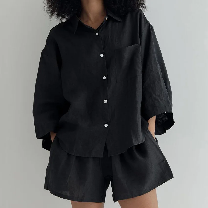 Women's Home Clothes Black Cotton Sleepwear Loose Pajamas For Women Nightie Three Quarter Sleeve Nightwear Female Set Spring
Women's Home Clothes Black Cotton Sleepwear Loose Pajamas For Women Nightie Three Quarter Sleeve Nightwear Female Set Spring