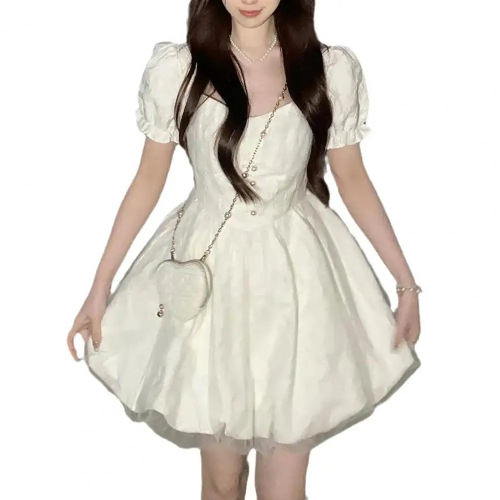 Short Puff Sleeves Dress Elegant A-line V Neck Dress with Bubble Sleeves Faux Pearl Embellishments Double Layers for Dating 
Short Puff Sleeves Dress Elegant A-line V Neck Dress with Bubble Sleeves Faux Pearl Embellishments Double Layers for Dating