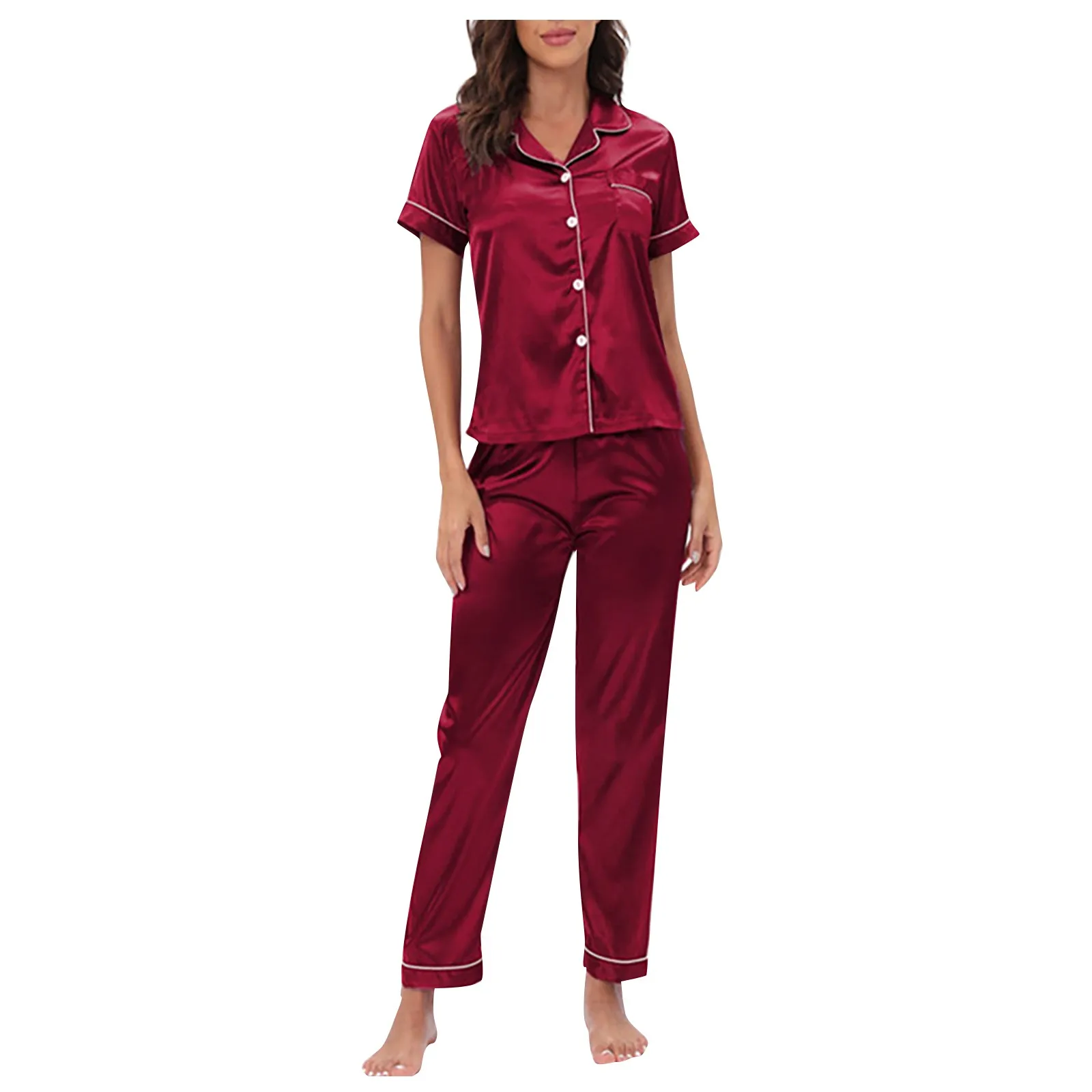 

Женский пижамный комплект размера плюс, 2023 атласная шелковая одежда для сна с отложным воротником, 2 предмета, Pijima, Повседневная Мягкая домашняя одежда