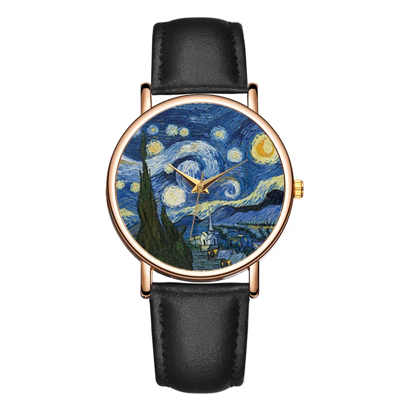 

Women Watches Top Brand Van Gogh's Starry Sky Leather Strap Quartz Clock Arabic Numerals Dial Wrist Watch Reloj Mujer Hombre