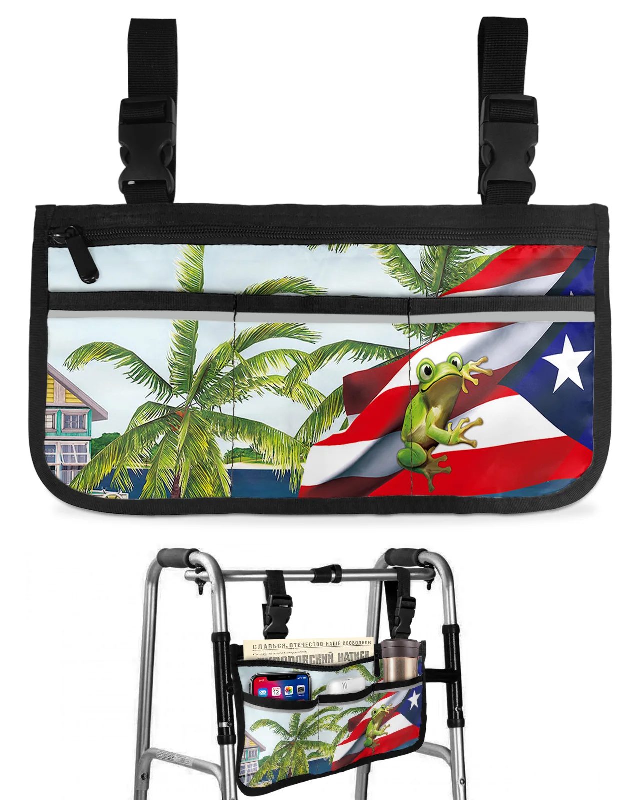 

Пальмовое дерево, флаг Пуэрто-Рико, лягушка, подлокотник, боковое хранилище, несколько карманов, светоотражающие полосы для хранения, подвесная сумка
