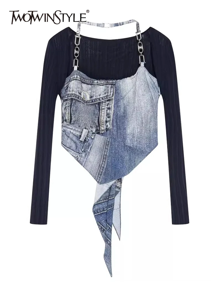 TWOTWINSTYLE Sexy Two Piece Set For Women Halter Sleeveless Spliced Chain Tops Solid Short Long Sleeve Shawl Sets Female Fashion
TWOTWINSTYLE Sexy Two Piece Set For Women Halter Sleeveless Spliced Chain Tops Solid Short Long Sleeve Shawl Sets Female Fashion