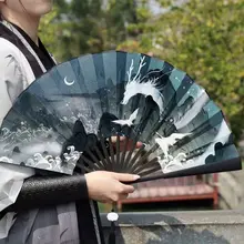Summer Outdoor Decorative Folding Fan Bamboo And Wood Cloth Face Large Size Double-Sided Hand Fan Home Decoration Chinese Gift